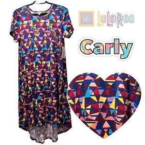 NWT LulaRoe Carly Dress Short Sleeves Pocket High Low Hem Abstract Triangles 6-8